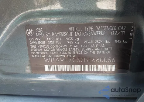 2011 BMW 328I из США, поврежденный, VIN WBAPH7C52BE680056